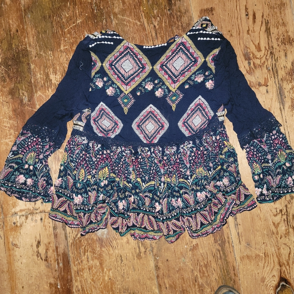 Aqua Embroidered Printed Top jacket Shacket Boho chic Hippie Tassel - Picture 7 of 15